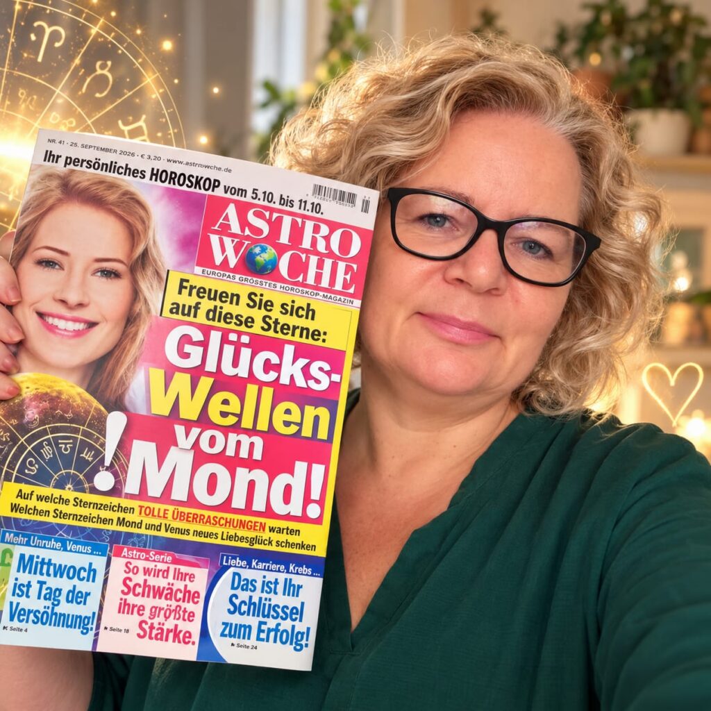 Simone Büngert hält die ASTROWOCHE, Ausgabe 41 vom 29. September 2026, in der Hand.