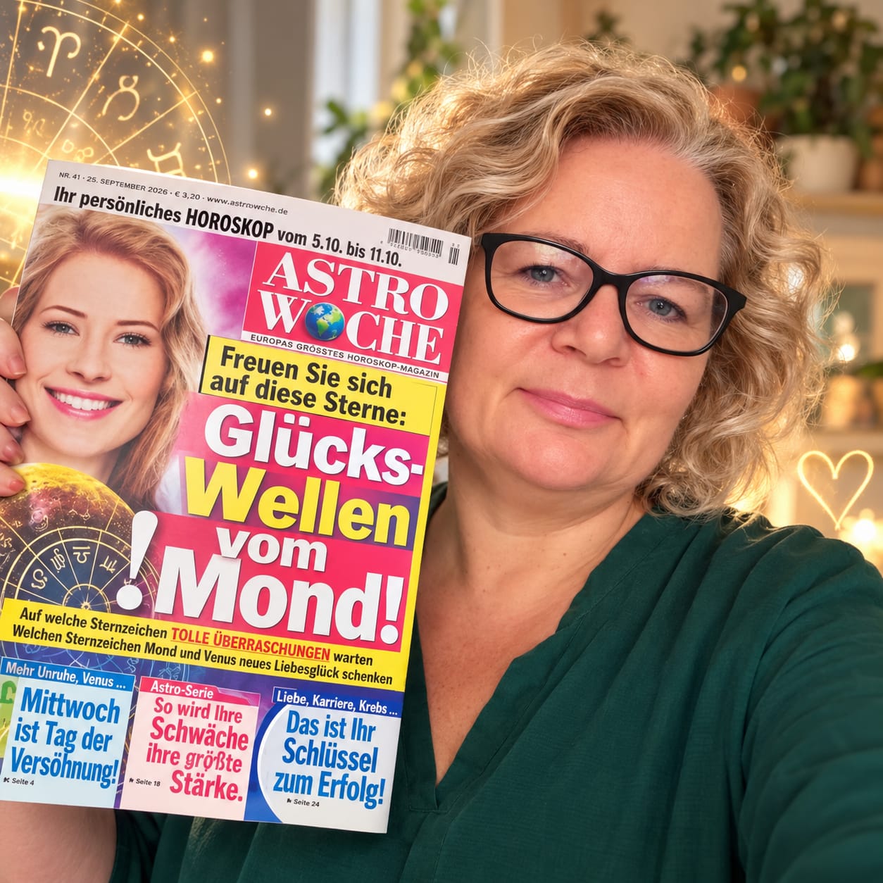 Simone Büngert hält die ASTROWOCHE, Ausgabe 41 vom 29. September 2026, in der Hand.