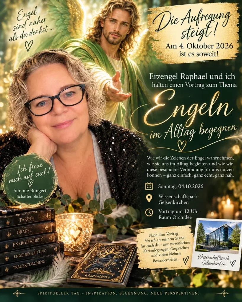 Simone Büngert mit einer Darstellung von Erzengel Raphael: Vortrag „Engeln im Alltag begegnen“, 4. Oktober 2026 um 12 Uhr, Raum Orchidee im Wissenschaftspark Gelsenkirchen.