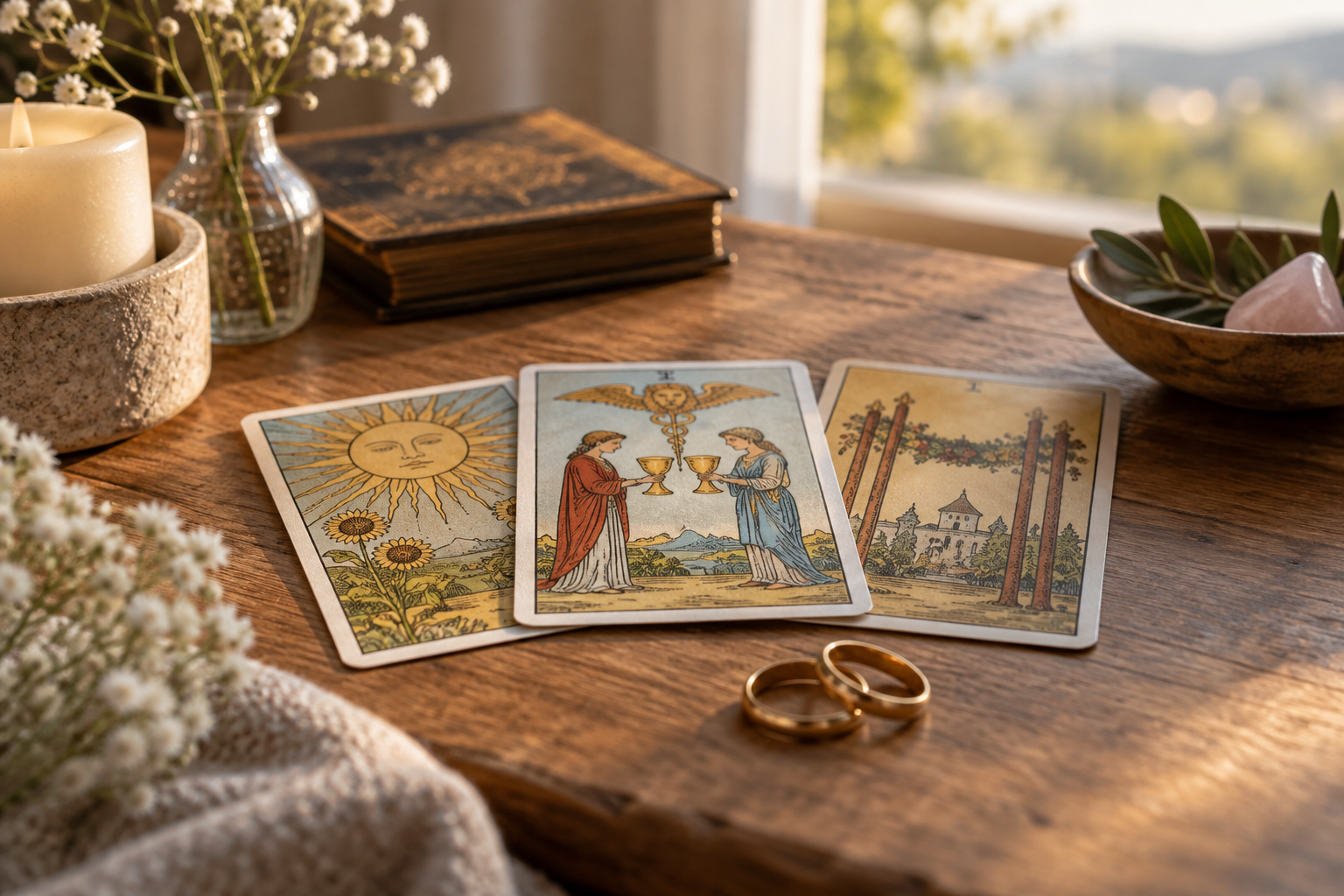 Drei Tarotkarten und zwei Eheringe auf einem Holztisch im warmen Fensterlicht – Symbolbild für Klarheit und Verbundenheit.