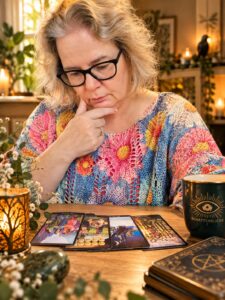 Simone Büngert betrachtet konzentriert ausgelegte Tarotkarten an einem warm beleuchteten Tisch