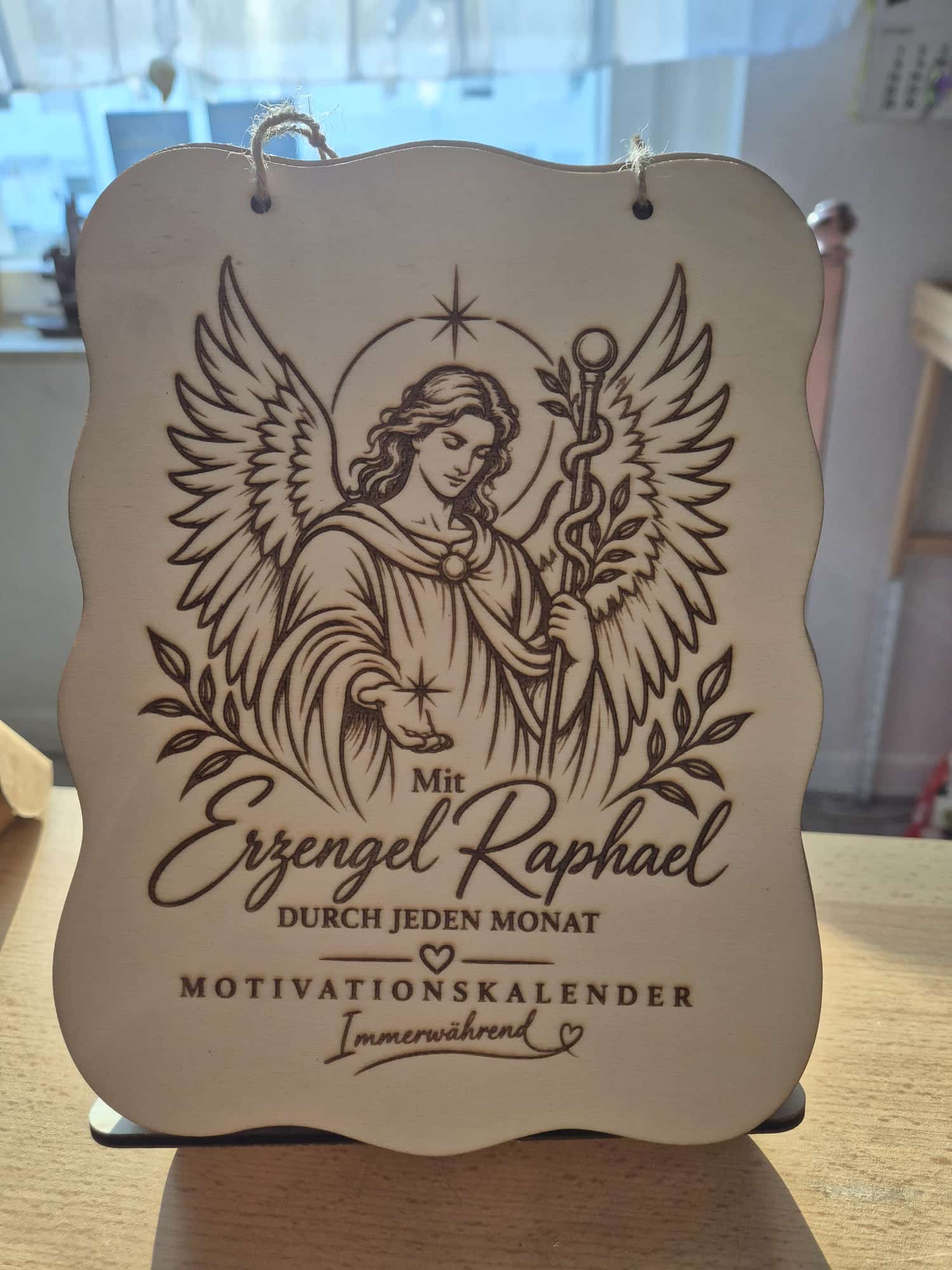 Handgefertigter immerwährender Holzkalendar mit Erzengel Raphael