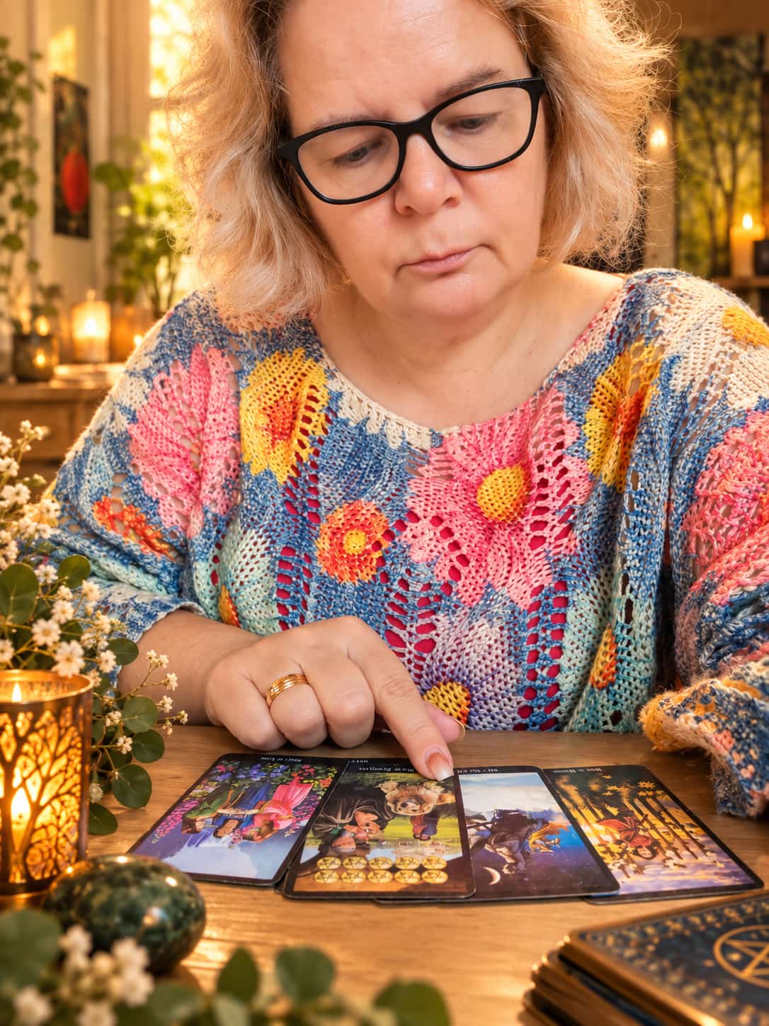 Simone Büngert deutet eine Reihe Tarotkarten in einer warmen, lichtvollen Atmosphäre
